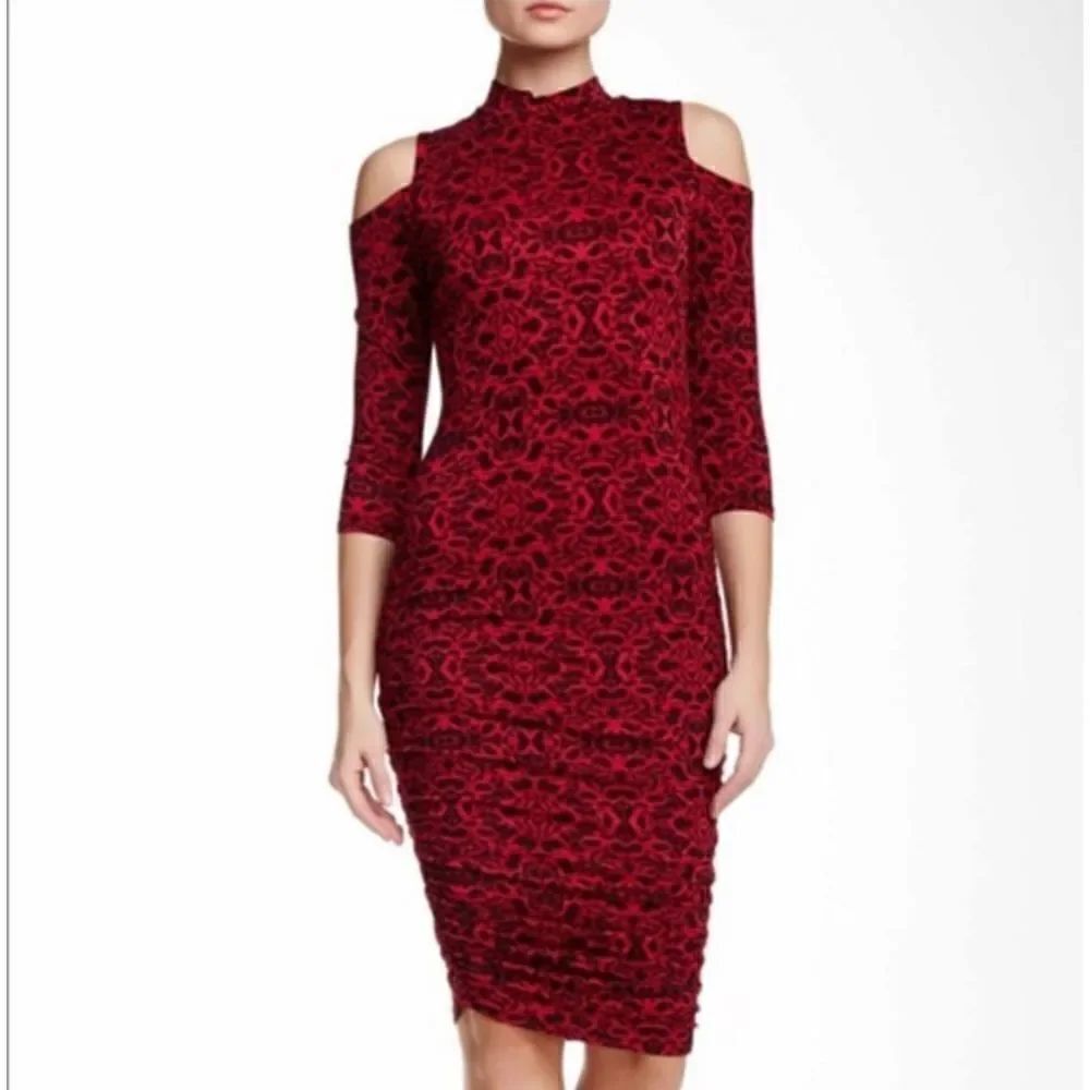 Jessica Simpson Red & Black Print Cold Shoulder Ruched Dress Size Large
